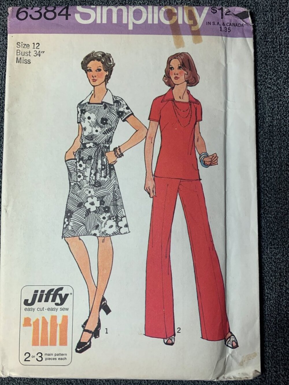 Simplicity Misses Dress Top Pants 70's Sewing Pattern Size 12 6384 - uncut
